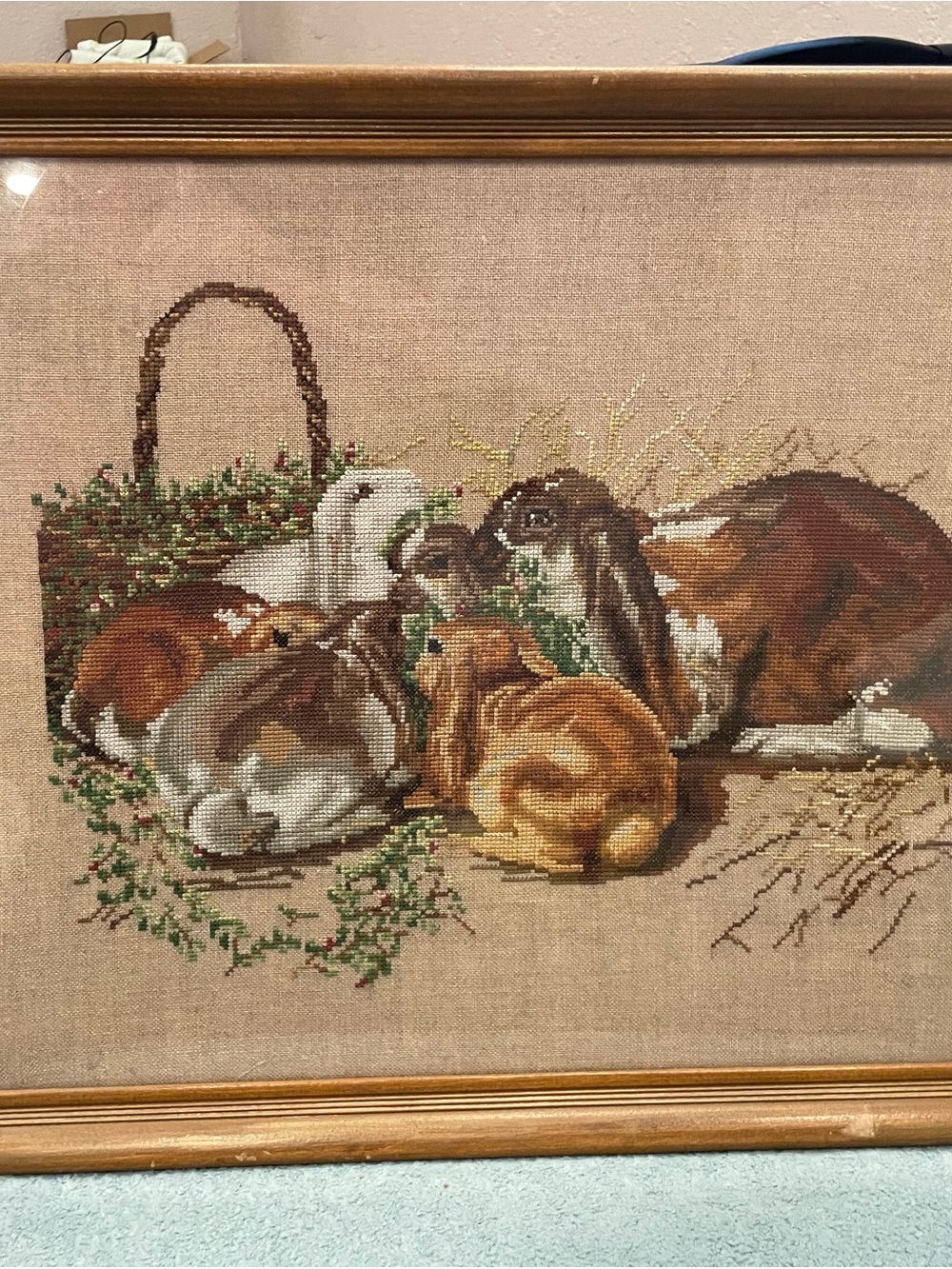 Framed Rabbits Needlepoint Art Print - Brown and Tan
